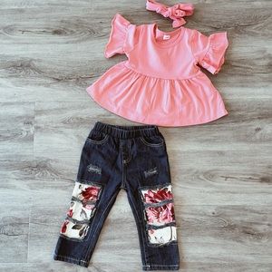 Baby girl summery jeans + top + belt ♡